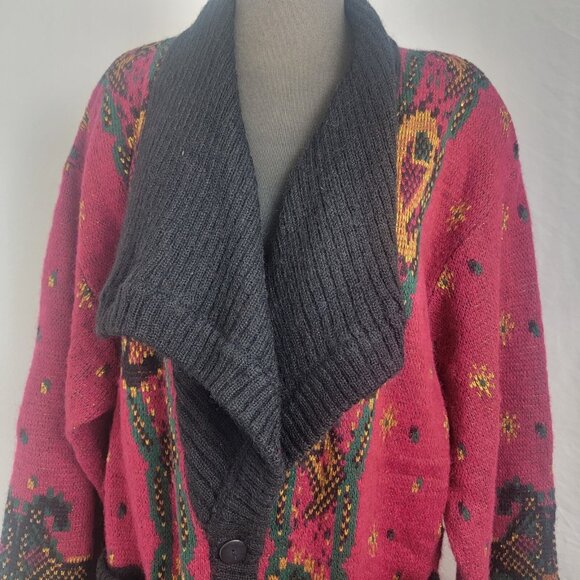 Cervelle Boho Cardigan Sweater Coat Button Up Front Vintage XL Maroon Gold Green - Picture 2 of 8